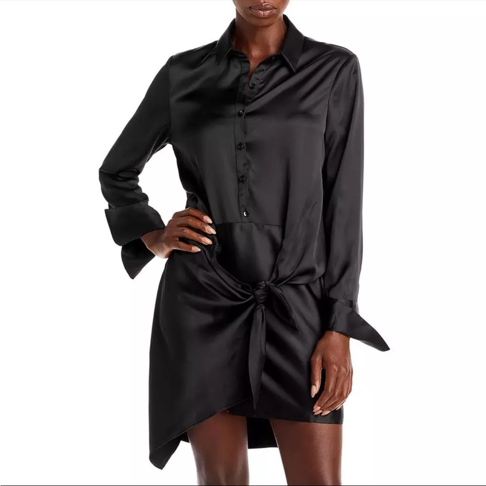 Aqua Black Tie-front Long Sleeve Dress
